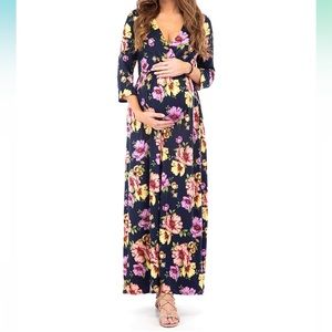 Mother Bee Maternity 3/4 Sleeve Navy and Floral Dress NWT